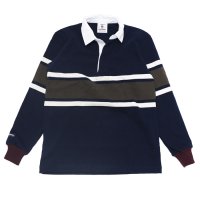 ＜OUTLET＞BARBARIAN（バーバリアン）クラシック ラガーシャツ（CENTER STRIPES）”旧モデル” / Navy×Ivory×Moss（ネイビー×アイボリー×モスグリーン）※Sサイズのみ