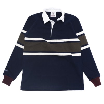 画像1: ＜50%OFF＞BARBARIAN（バーバリアン）クラシック ラガーシャツ（CENTER STRIPES）”旧モデル” / Navy×Ivory×Moss（ネイビー×アイボリー×モスグリーン）※Sサイズのみ