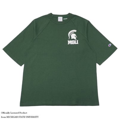 画像1: Champion（チャンピオン）T1011 Raglan Short Sleeve T-Shirt（ティーテンイレブンラグランショートスリーブTシャツ）"MICHIGAN STATE"/Moss Green（モスグリーン）Made in USA※Lサイズのみ