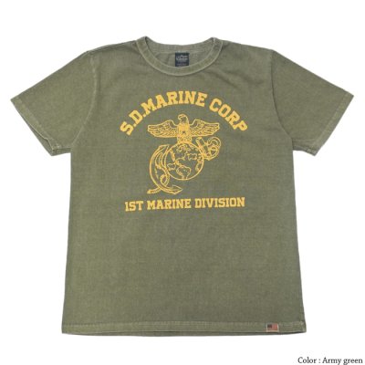 画像1: STUDIO D'ARTISAN（ステュディオ・ダ・ルチザン）USAコットンピグメント加工プリントＴシャツ"S.D.MARINE CORP"/Army Green（アーミーグリーン）※Sサイズのみ